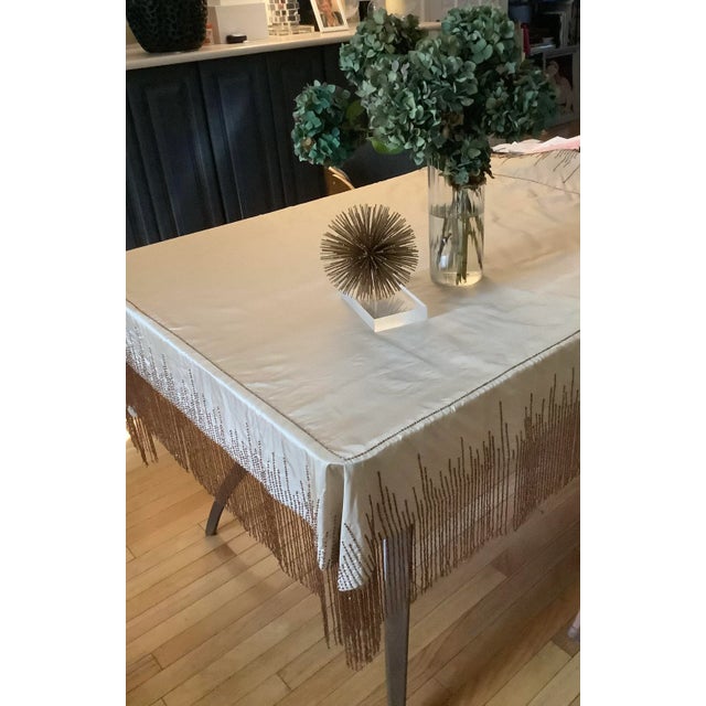 Modern Sethi &Sethi Modern Glam Beaded Fringe Tan Silk Throw Tablecloth For Sale - Image 3 of 7