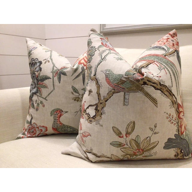 Anna French for Thibaut “Villeneuve” in Coral on Flax Pillows- a Pair For Sale - Image 4 of 5