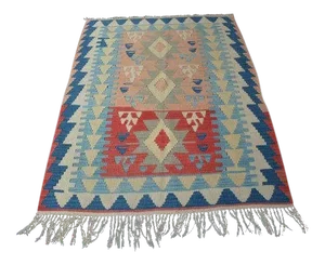 1960's Vintage Turkish Wool Kilim Rug- 3′8″ × 5′1″