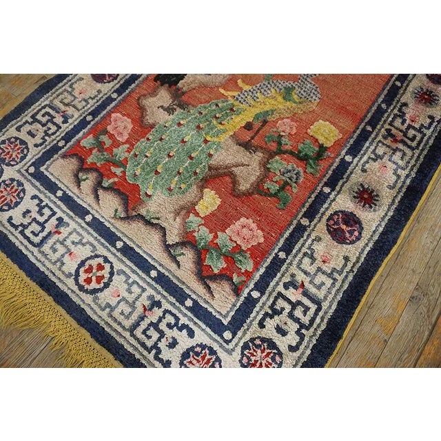 Extraordinary Ruby Red Background Color With Floral and Peacock Design Vintage Chinese Silk Rug For Sale In New York - Image 6 of 12