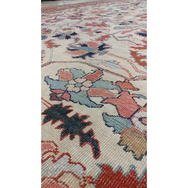 Antique Persian Serapi Carpet, Handmade Wool Oriental Rug, Ivory and Light Blue For Sale - Image 12 of 18