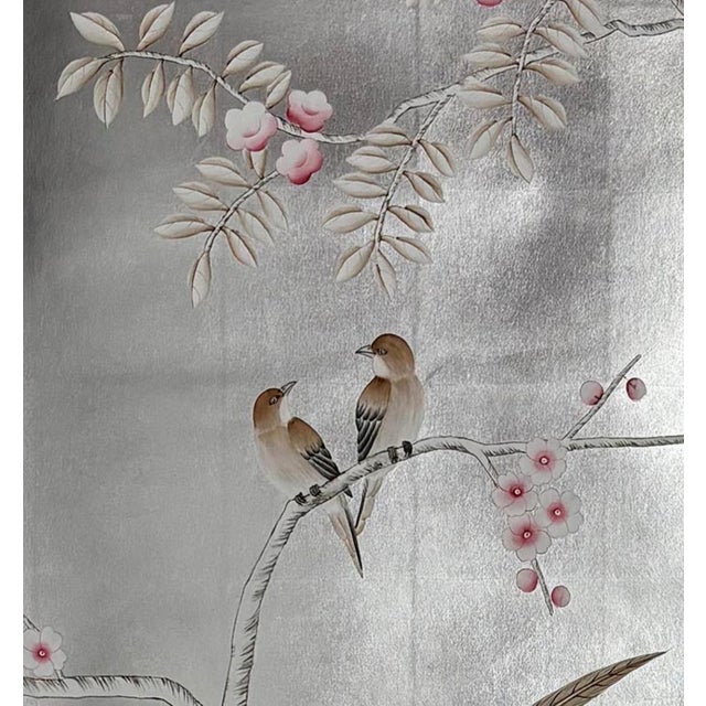 Silver Leaf Chinoiserie Hand-Painted Bird & Peony Wall Panels (Set of 5) For Sale - Image 4 of 7