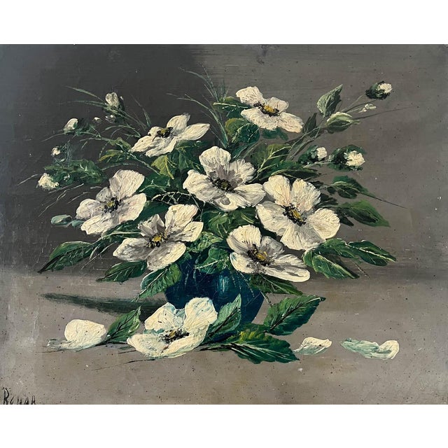 Acquired in France, a gorgeous antique floral oil on canvas of white dogwood. The painting is so nicely executed and...