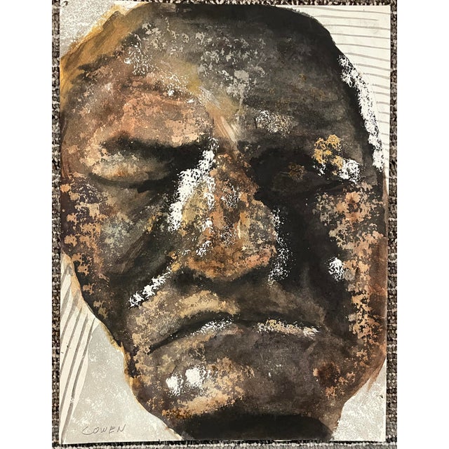 Modern face watercolor and gouache on paper by Elizabeth Ann Cowen (Michigan, North Carolina 1953-2021) signed Cowen lower...