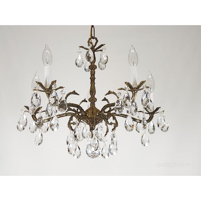 Antique 5 Light 5 Arm Overflowing Opulent Brass Cut Lead Crystal Chandelier For Sale In South Bend - Image 6 of 12