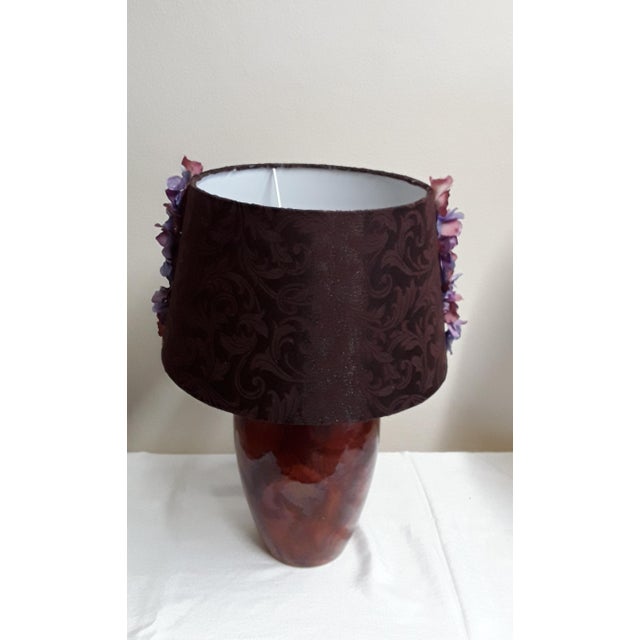 Vintage Table Lamp with Brown Patterned Ceramic Foot and Black-Brown Fabric Shade with Colored Flower Trim, 1980s, in Very...