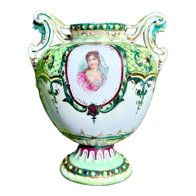 Antique Austrian Bohemian Porcelain Portrait Vase, Duchesse De Bourgogne, C. 1900 For Sale
