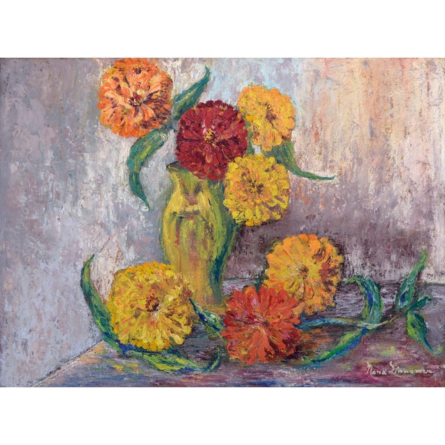 Mid century modern impasto still life of a bouquet of Zinnia flowers titled "Arranging" by Pajaro, California artist Nona...