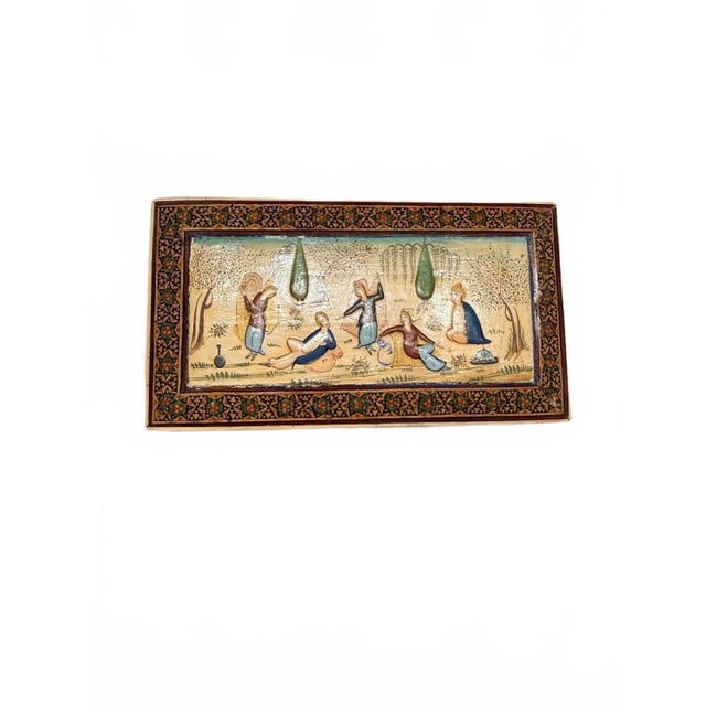 Mid-Century Persian Khatam Kari Inlaid Marquetry Cigarette Box With Hand-Painted Miniature Scene For Sale - Image 9 of 9