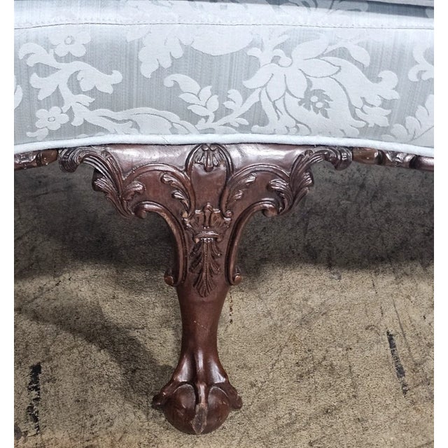 Baker Furniture Company Late 20th Century Baker Chippendale Mahogany Camel Back Sofa Claws & Ball Feet Blue Damask Fabric For Sale - Image 4 of 10