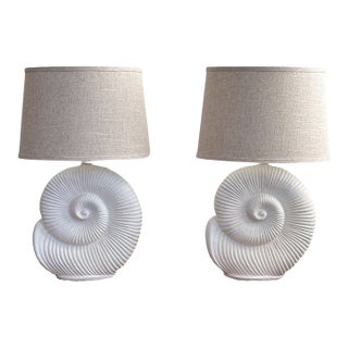 1980s Coastal Vintage Seashell Table Lamps With Linen Shades - a Pair For Sale