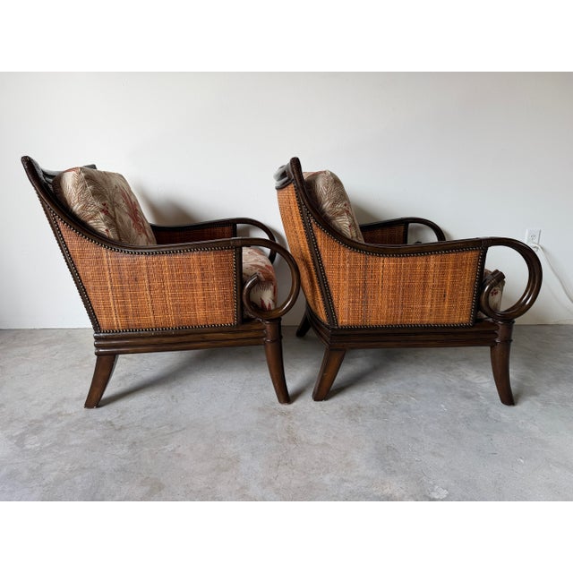 Palecek Coastal Organic Rattan & Cane Lounge Armchairs With Leather-Wrapped Details – Pair For Sale - Image 4 of 12