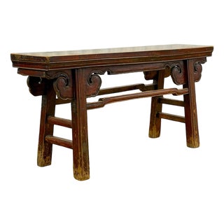19th Century Chinese Red Lacquer Elm Spring Bench With Ruyi Spandrels For Sale