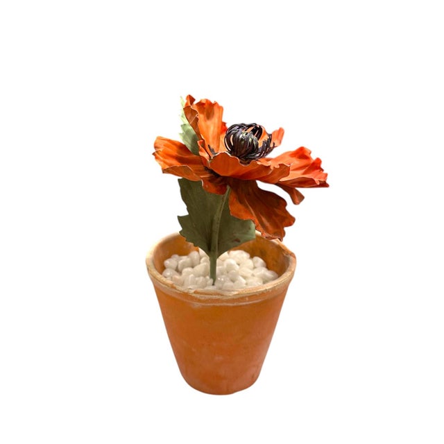 Vintage Potted Tole Red Poppy Flower / Floral Arrangement by Artist Helen Hornberger in an Antique Terracotta Pot For Sale - Image 4 of 9