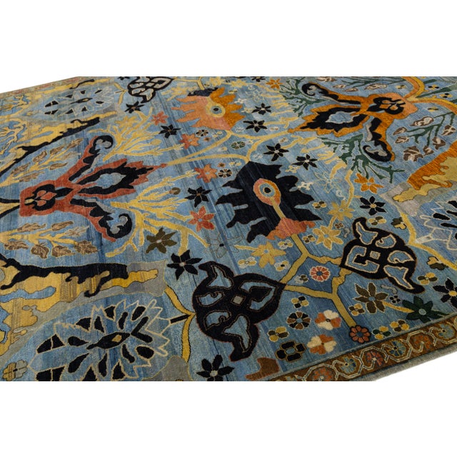 Textile Modern Blue and Gold Bidjar Style Hand-Knotted Wool Rug With Palmette Motifs For Sale - Image 7 of 11