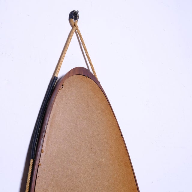 Vintage Oval Teak Mirror with Rope and Leather Details, 1950s For Sale - Image 10 of 13