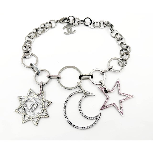 Chanel Silver CC Large Star Moon Pastel Crystal Chain Necklace *Marked 17 *Made in Italy *Comes with the original box and...