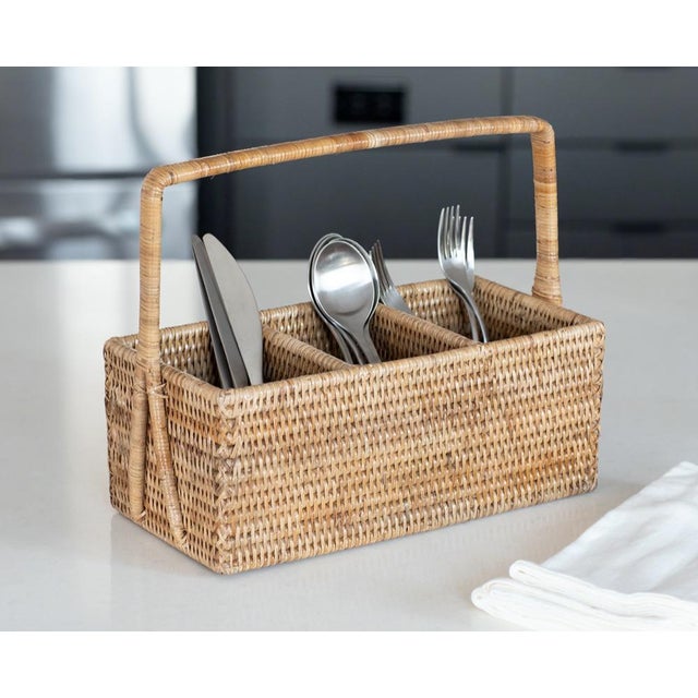 Artifacts Rattan 3 Section Cutlery Caddy with Handle in Honey Brown For Sale In Houston - Image 6 of 9
