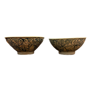 Pair of Hand-Painted Vietnamese Folk Pottery Bowls