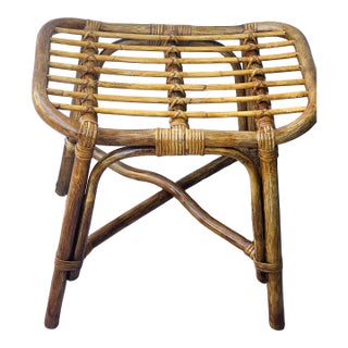 Mid Century Bamboo Rattan Footstool With Strawberry Cushion For Sale