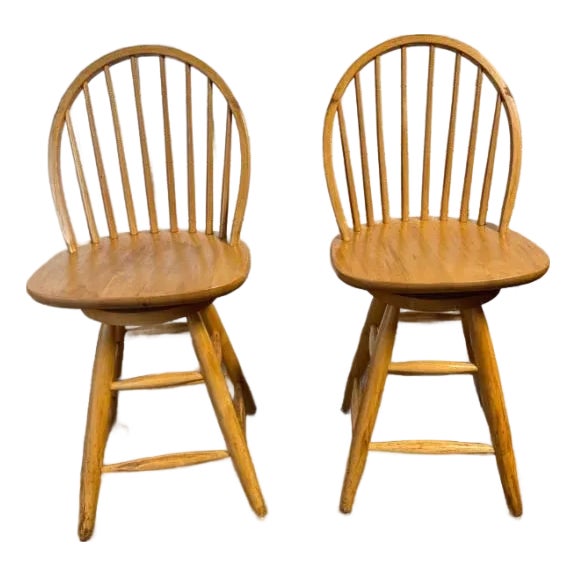 Pair of Vintage Spindle Back Windsor Swivel Barstools For Sale
