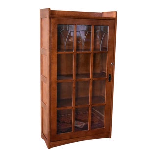 Crafters and Weavers Mission Leaded Glass Bookcase With Lock & Key For Sale