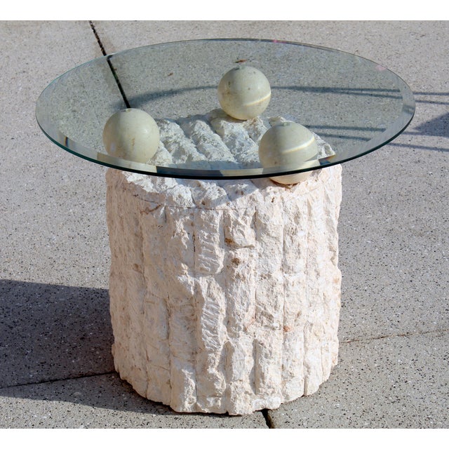 Vintage 1980s Postmodern Mactan Fossil Stone Round Side Table With Glass Top - Coastal Style For Sale - Image 4 of 15
