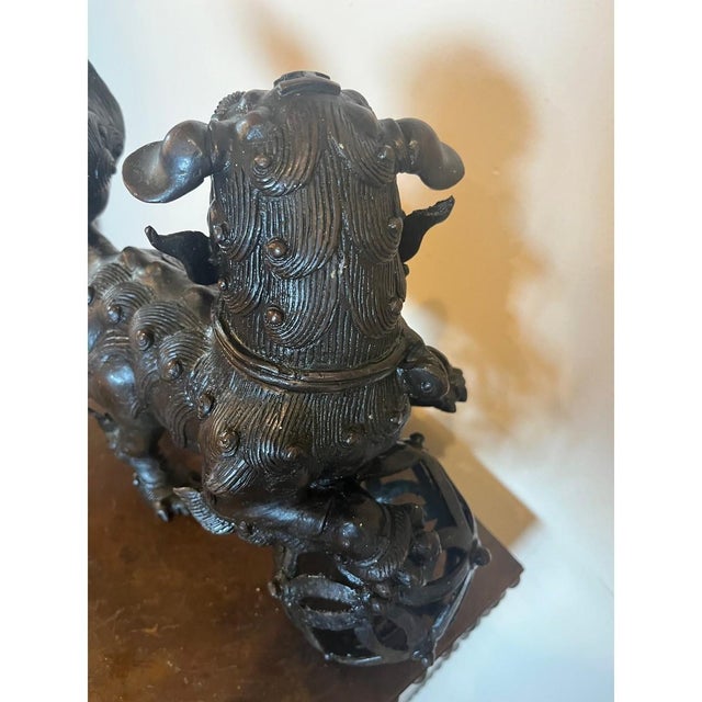 Chinese Antique Chinese Bronze Foo Dog Censer 9"H Heavy 6.5lb Guardian Lion Sculpture For Sale - Image 3 of 15
