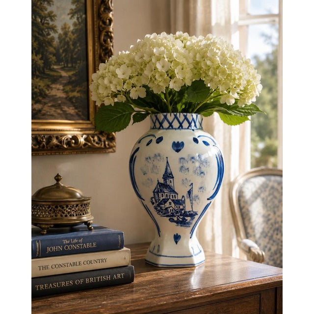 A charming mid-20th-century Delft ceramic vase with a softly molded baluster form and hand-painted cobalt decoration. The...