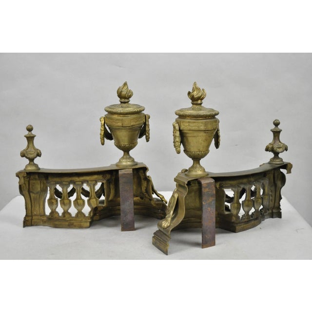 Antique French Empire Patinated Bronze Lion Flame Urn Chenet Andirons - A Pair For Sale - Image 13 of 14
