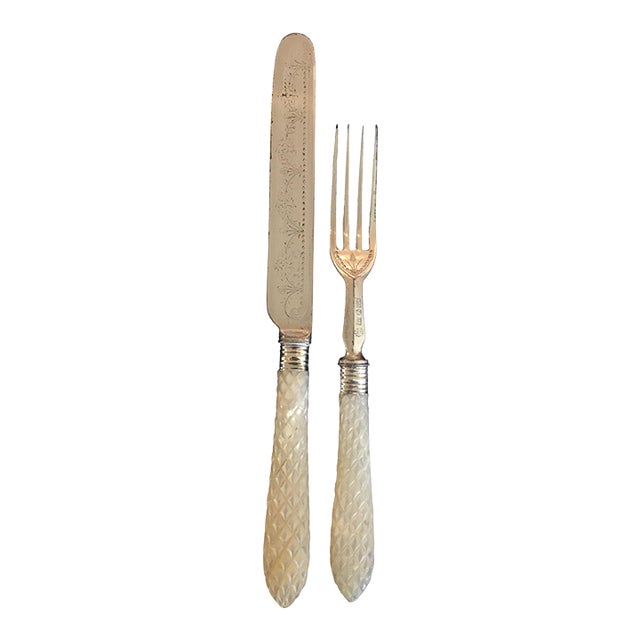 19th Century French Silver and Mother of Pearl Fork and Knife Set or Serving Set For Sale
