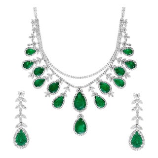 Gia Certified 75 Ct Zambian Emerald & 30Ct Diamond Necklace Earring Bridal Suite For Sale