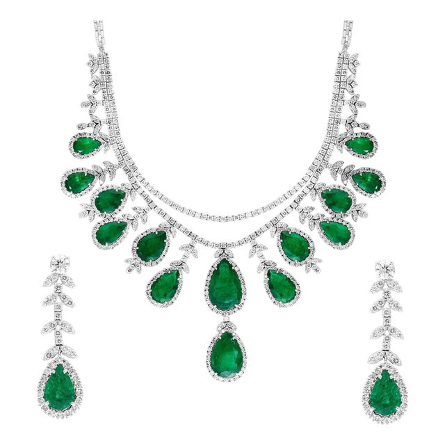 Gia Certified 75 Ct Zambian Emerald & 30Ct Diamond Necklace Earring Bridal Suite For Sale
