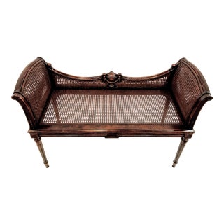 Antique French Carved and Caned Window Settee With Neoclassic Motifs For Sale