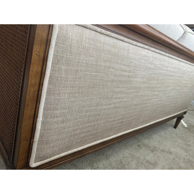 Vintage Cane Settee | Professionally Upholstered Neutral Herringbone | Classic Transitional For Sale - Image 4 of 6