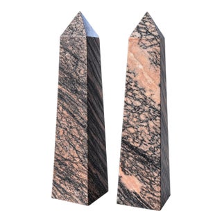 Beautiful 10-Inch Pink & Black Stone Obelisk Towers – Set of 2 For Sale