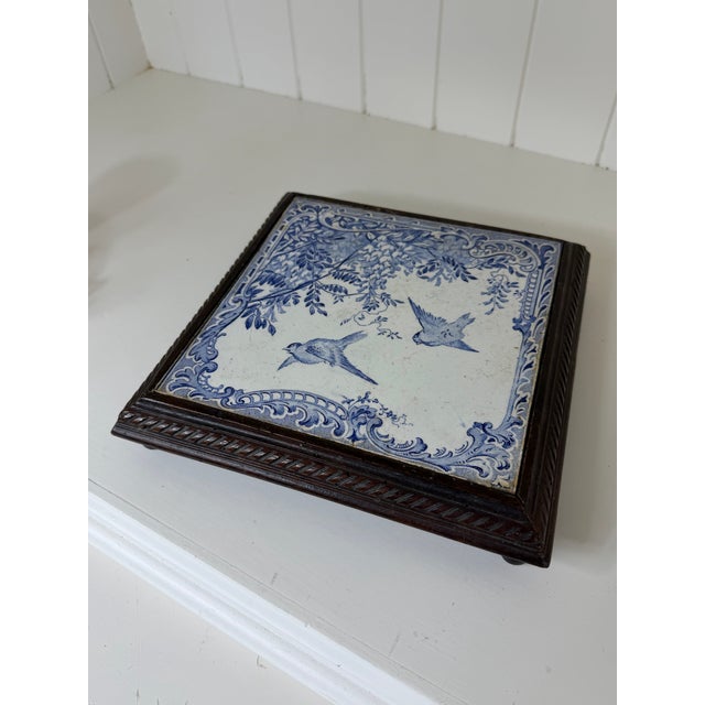 Early 20th Century Vintage French Blue & White Faience Tile Trivet in Carved Wood Frame For Sale - Image 5 of 12