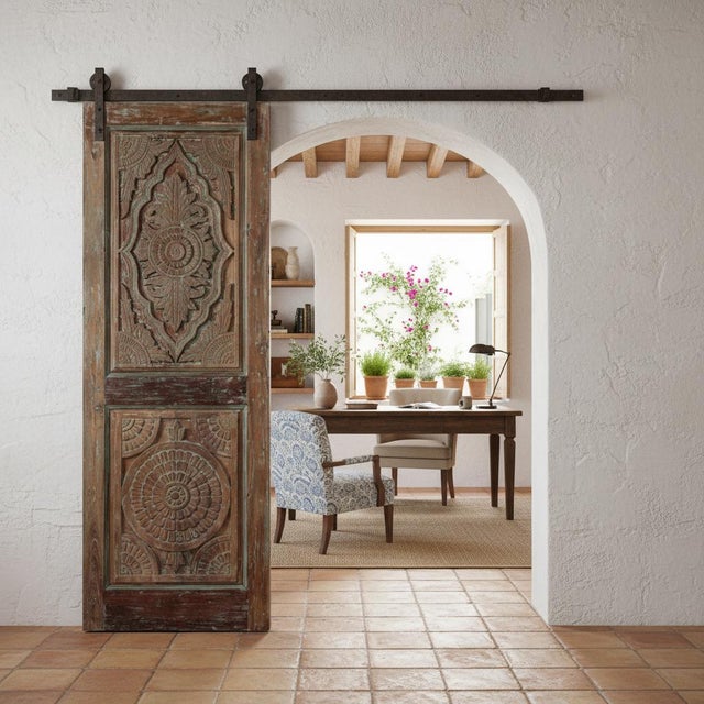 Art Deco Antique Floral Carved Door in Green Hues | Hand-Carved Sliding or Hinged Barn Door 80 For Sale - Image 3 of 4