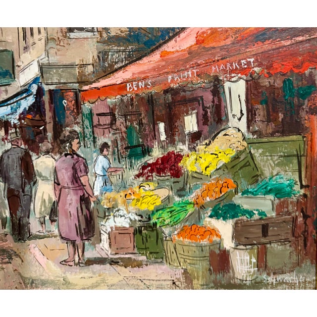 Mid 20th Century George Schwacha Jr, Modernist Oil Painting George Schwacha Brooklyn Street Scene Fruit Market WPA, c.1940's For Sale - Image 5 of 16