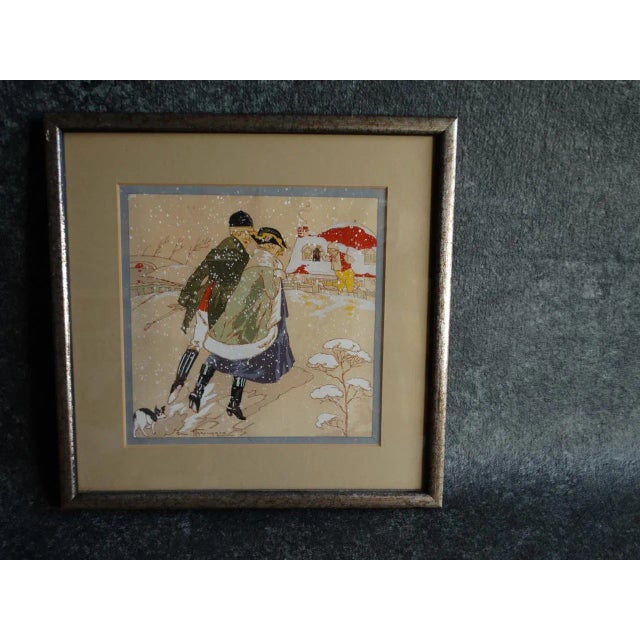 1920s Print, Huntsman and His Huntswoman Seeking Shelter in a Snowstorm: Romantic Pochoir For Sale In Los Angeles - Image 6 of 6