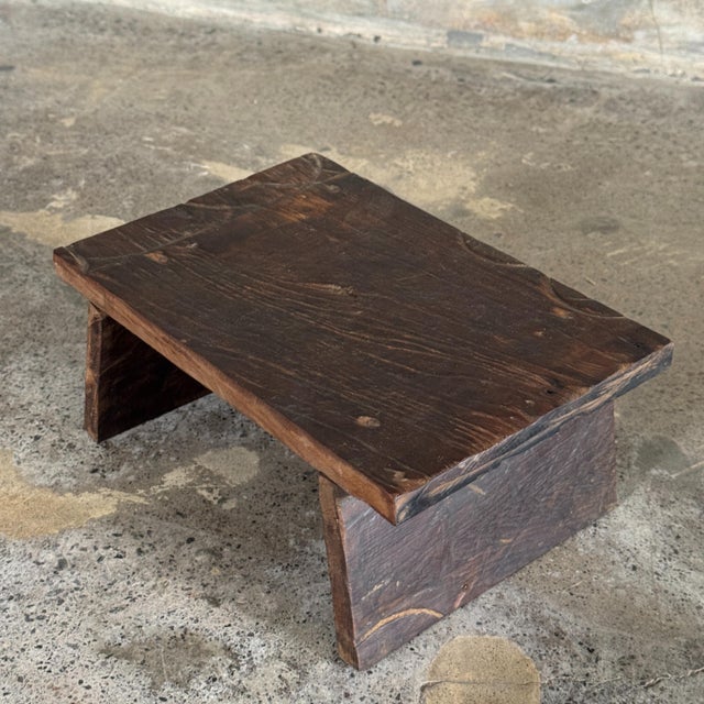 Brutalist Small Occasional Stool in Upcycled Dark Brown Teak with Engraved Wood Finish, 1990s For Sale - Image 3 of 13
