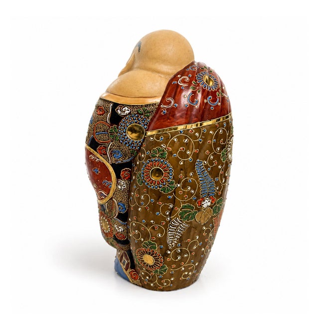Vintage Japanese Moriage Happy Buddha Figurine Large Hand Painted Laughing Buddha Statue For Sale - Image 4 of 10