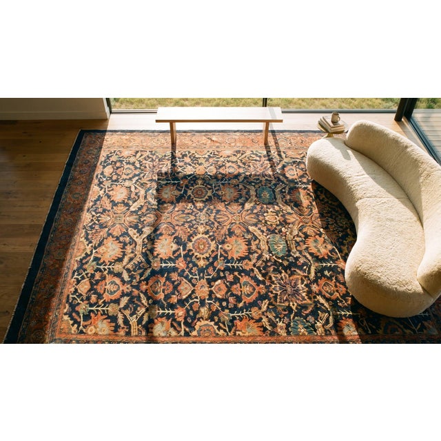 Navy Blue 1890s Blue Navyy Floral Antique Persian Malayer Rug 12'4" X 14'8" Handknotted Wool Carpet For Sale - Image 8 of 9