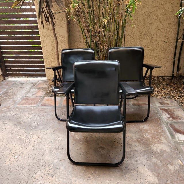 1950s Russel Wright Three Vintage Midcentury Modern Foldable Steel Patio Armchairs in Black Samsonite Chairs made in the...