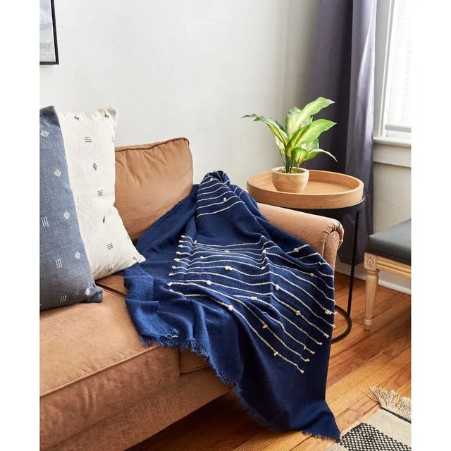 Contemporary Studio Variously Handwoven Merino & Organic Cotton Deep Blue With Canvas Stripes Throw For Sale - Image 3 of 9
