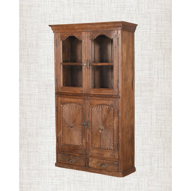 Antique Indian Glass Armoire | Teak Wood Cabinet | Vintage Glass Display Cabinet | Rustic Home Decor For Sale - Image 4 of 6