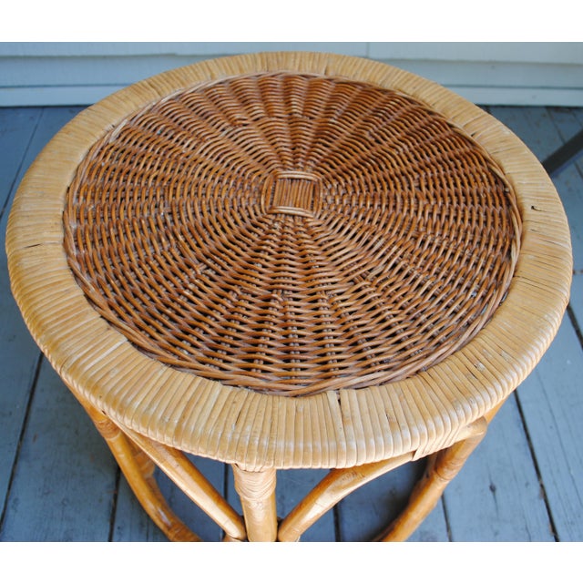 Wood Mid Century Round Drum Bamboo Wicker Top Accent Table For Sale - Image 7 of 9
