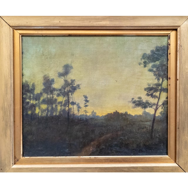We are selling this pretty American Tonalist oil painting of a landscape. This landscape features a dark road through a...