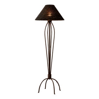 Iron Floor Lamp with Handwoven Bamboo Shade, 1990-2000s For Sale
