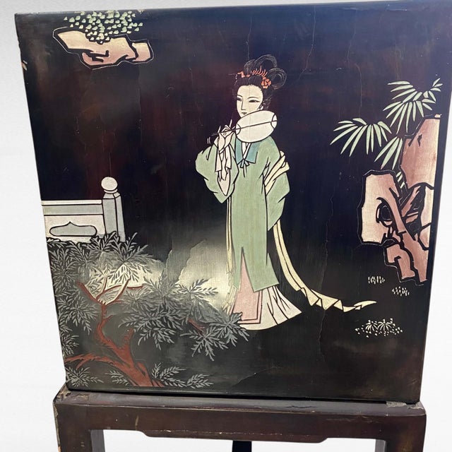 Mid-20th Century Chinese Black Lacquer 3-Drawer Cabinet on Stand With Incised Detail For Sale - Image 4 of 17